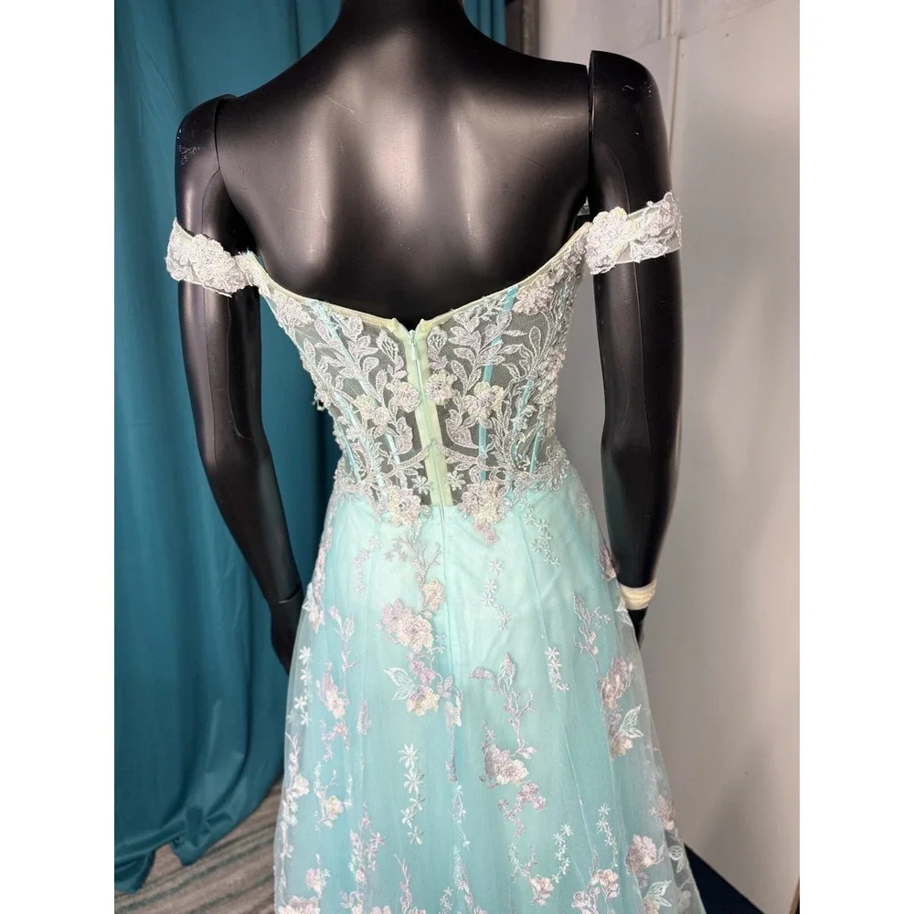 Morrell Maxie Size 4‎ Aqua White Floral Lace Off Shoulder Formal Gown - Picture 5 of 16
